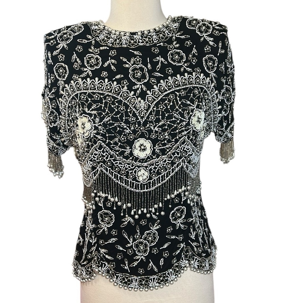 VTG Black Tie By He Ro Industries Sequin Beaded Floral 100% Silk Blouse Sz Small
